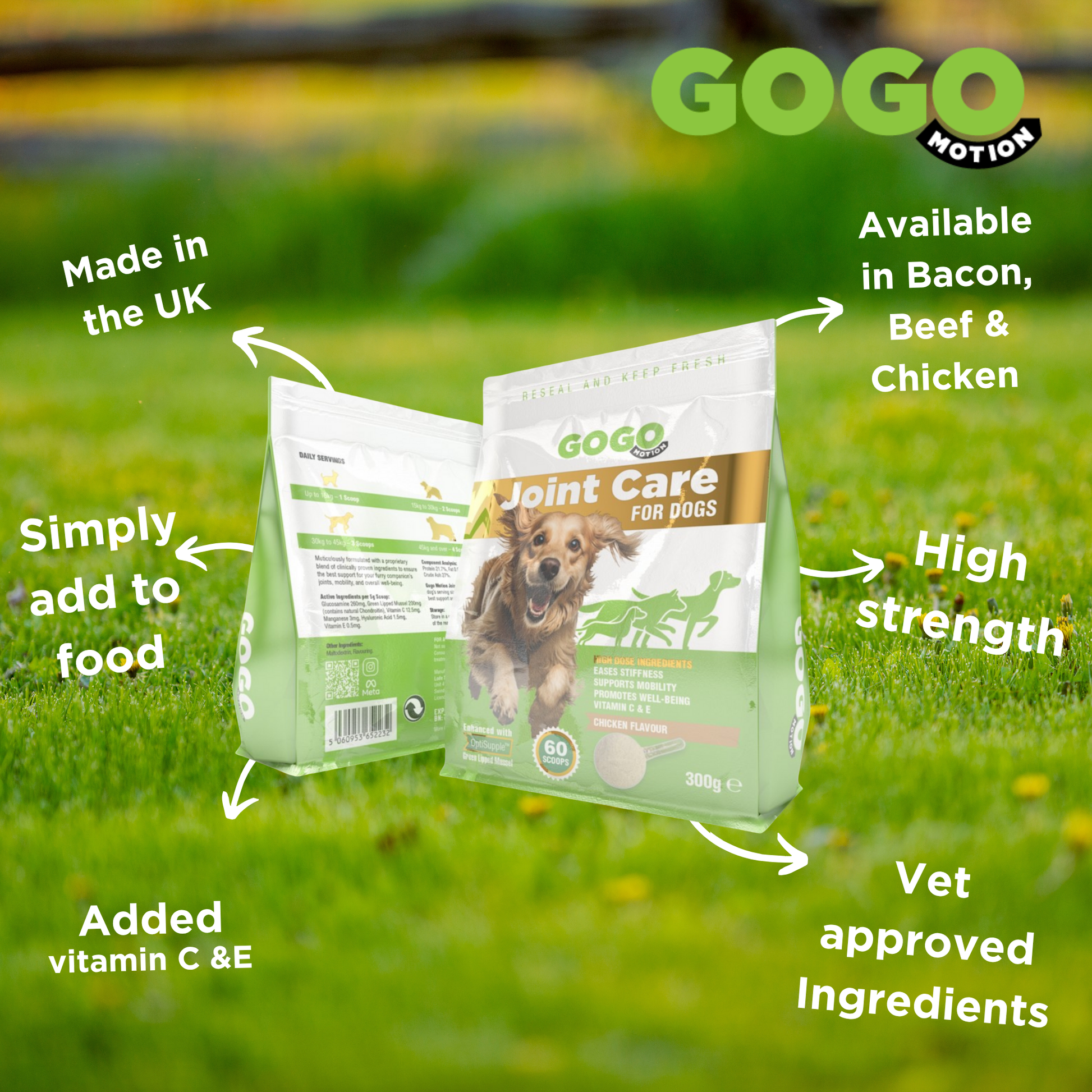 Gogo motion Joint Care for dogs, vet approved formula, meaty flavours, simply add to food